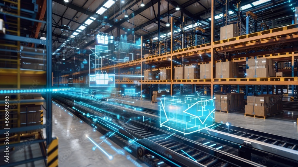 Efficient Automation Futuristic Warehousing System with Smart Conveyors and Digital Interfaces Streamlining Logistics Operations Efficient Automation Futuristic Warehousing System with Smart Conveyors and Digital Interfaces Streamlining Logistics Operations