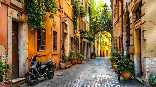 Fototapeta Naklejka Na Ścianę i Meble -  Cozy street in Trastevere, Rome, Europe. Trastevere is a romantic district of Rome, along the Tiber in Rome. Turistic attraction of Rome