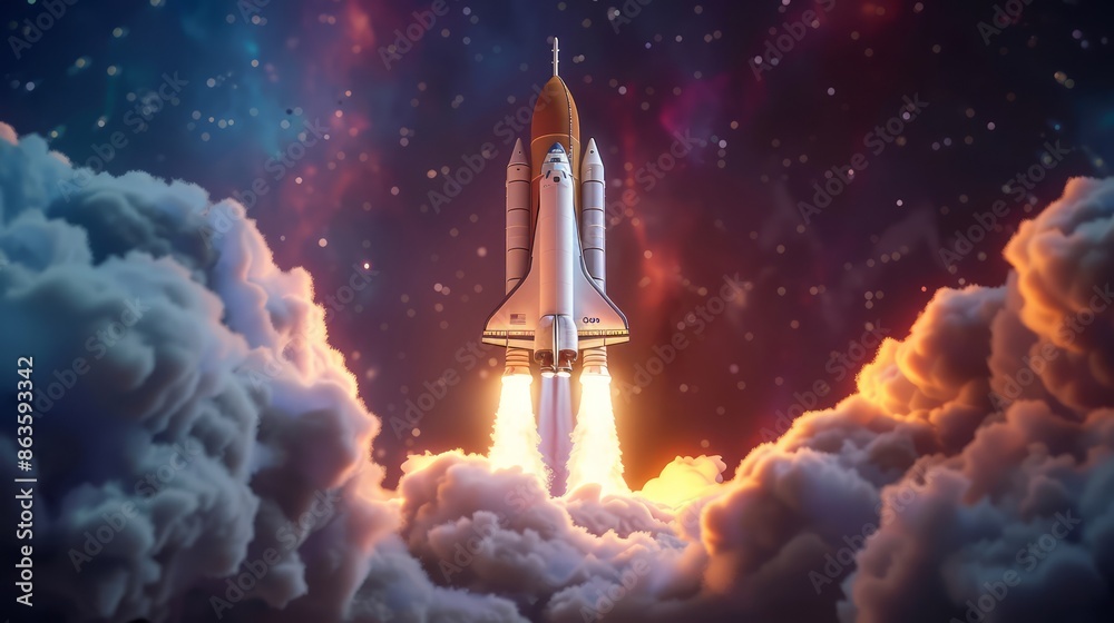 Naklejka premium A powerful rocket launches into space, surrounded by billowing clouds and intense fire at the base, symbolizing power and innovation