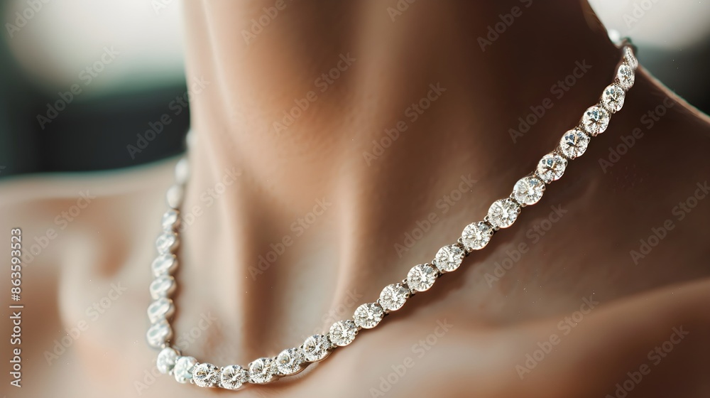 Diamond necklace on woman's neck at jewelry store Diamond necklace on woman's neck at jewelry store
