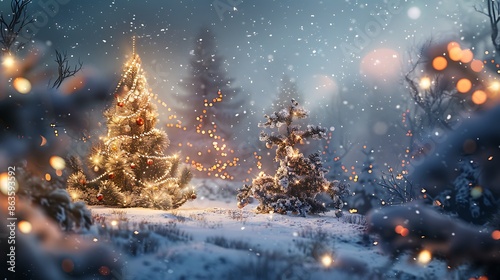 a snowy landscape with decorated Christmas treend twinkling lights in the background