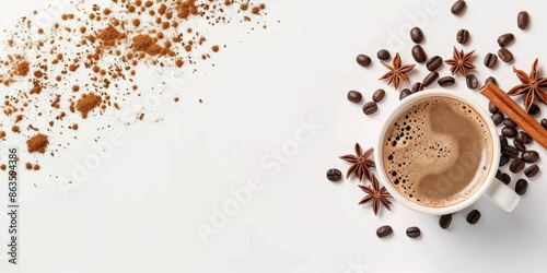 Cup of coffee with spices on a white background, flat lay. Space for text or copy space. On the right side there are some grains and beans of black, brown, and cacao in a pile in the top left corner.