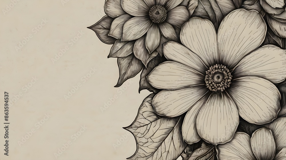 Fototapeta premium Engraving hand drawn flower, Peony flower and leaves drawing. Vector hand drawn engraved ink illustration.