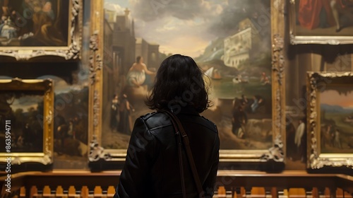 Captured from behind, an adult woman stands in front of historical paintings in an atmospheric old museum art gallery, engrossed in deep thought while admiring the artwork's details and textures.