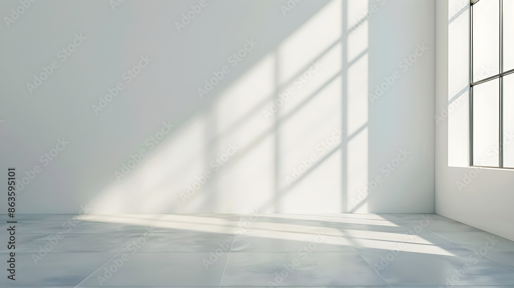 Empty white spacious room or bright studio with sunlight and shadows of window. Light reflection on white wall and gray floor in modern minimalistic interior Empty white spacious room or bright studio with sunlight and shadows of window. Light reflection on white wall and gray floor in modern minimalistic interior