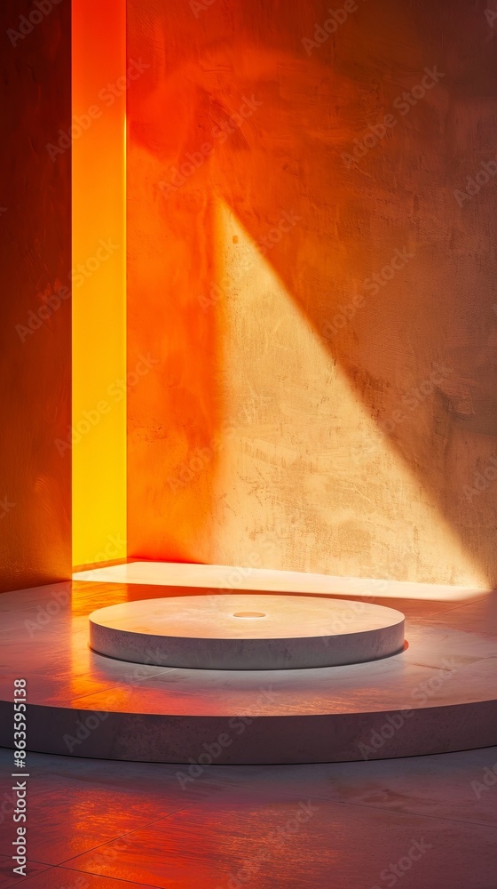 A white circular platform in an empty room.