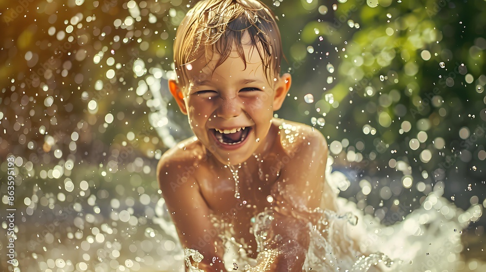 excited boy having fun between water splashes, in fountain. Summer concept. excited boy having fun between water splashes, in fountain. Summer concept.