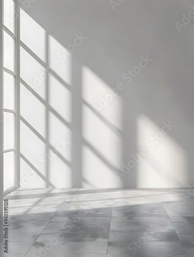 Empty white spacious room or bright studio with sunlight and shadows of window. Light reflection on white wall and gray floor in modern minimalistic interior