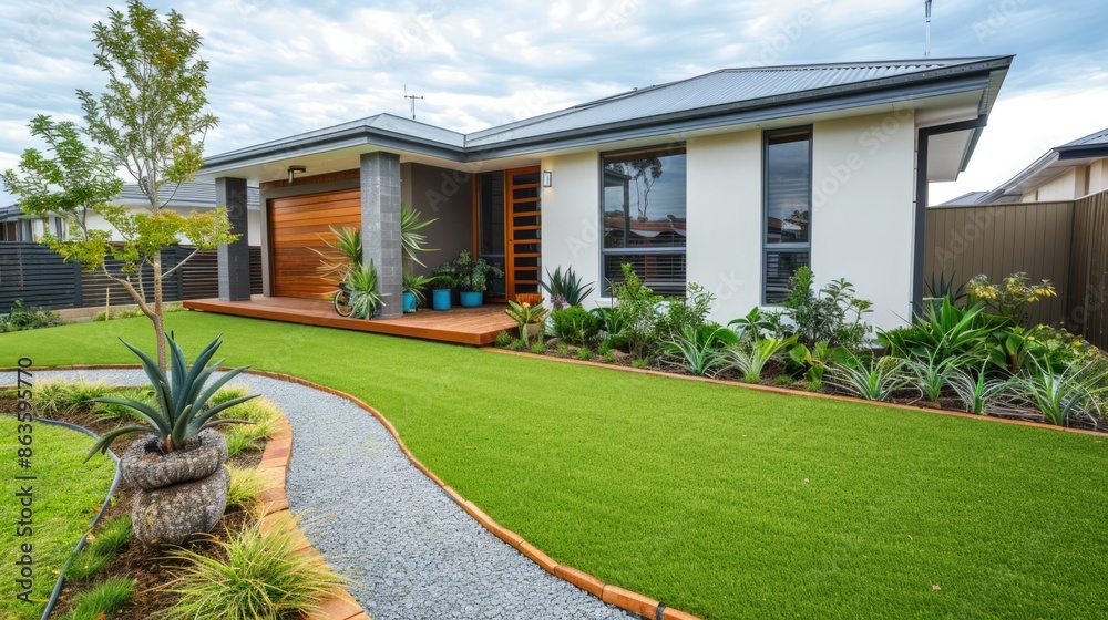 Obraz premium A contemporary Australian home or residential building's front yard features artificial grass lawn turf with timber edging