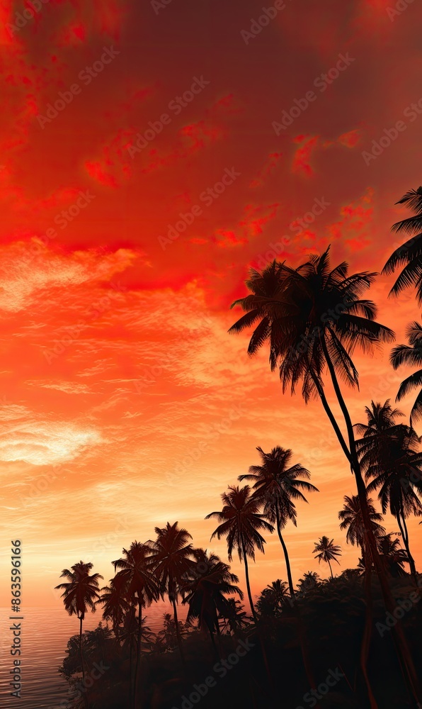 Tropical Island Sunset with Silhouette Palm Trees and Calm Waters Reflecting the Vibrant Sky Natural Background Tropical Island Sunset with Silhouette Palm Trees and Calm Waters Reflecting the Vibrant Sky Natural Background