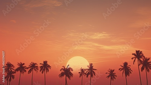 Tropical Island Sunset with Silhouette Palm Trees and Calm Waters Reflecting the Vibrant Sky Natural Background