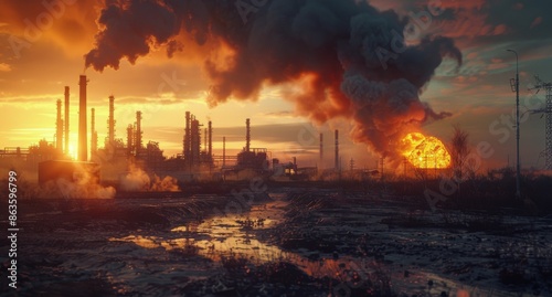 Industrial Complex Fire at Sunset With Dense Smoke Plumes