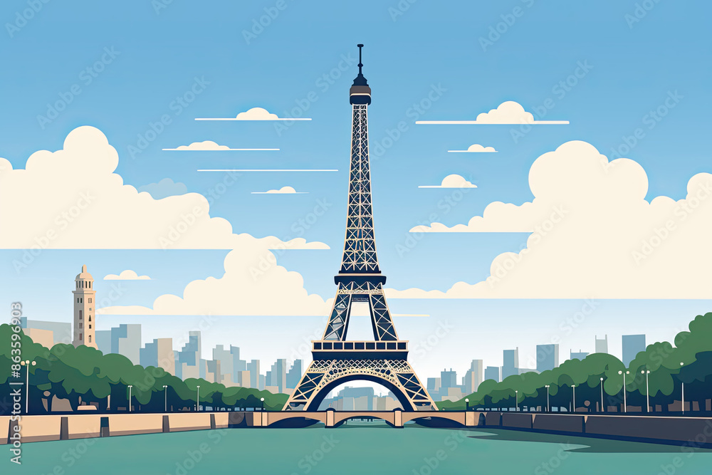 Fototapeta premium Eiffel Tower Sunset Silhouette in Paris with a Clear Sky. Blue to Pink Soft Lighting Gradient Background