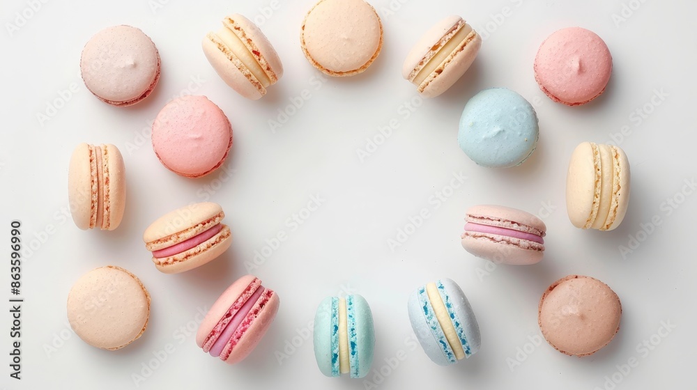 A variety of colorful macarons arranged in a perfect circle on a white background, showcasing a delightful assortment of flavors. A variety of colorful macarons arranged in a perfect circle on a white background, showcasing a delightful assortment of flavors.