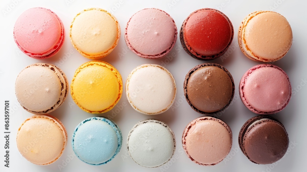High-angle view of pastel macaron desserts arranged in a circle on white High-angle view of pastel macaron desserts arranged in a circle on white