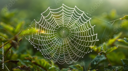 A dew-covered spiderweb glistens in the early morning light, each drop of water sparkling like a miniature jewel. The intricate web design is highlighted by the moisture, with tiny