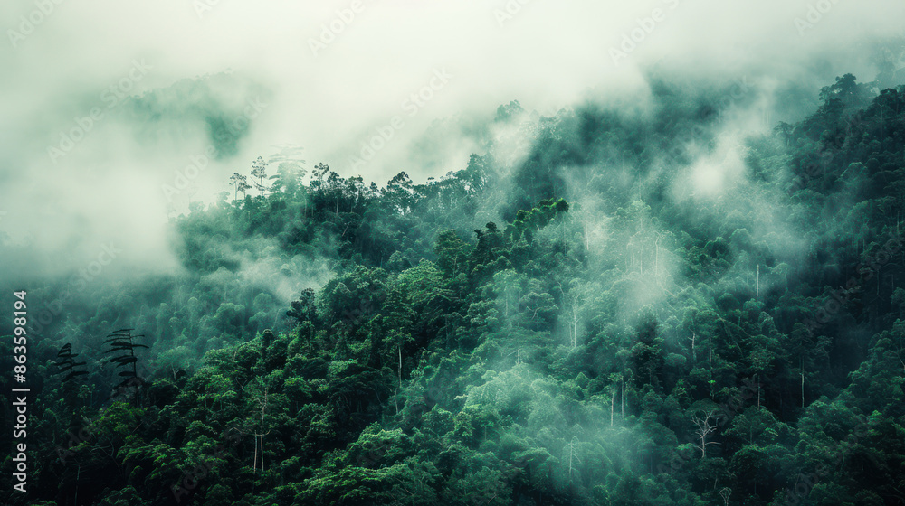 A dense forest shrouded in mist landscape A dense forest shrouded in mist landscape