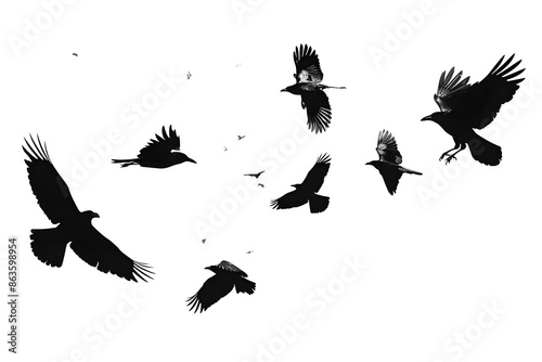 flock of flying crows , png file of isolated cutout object on transparent background.::