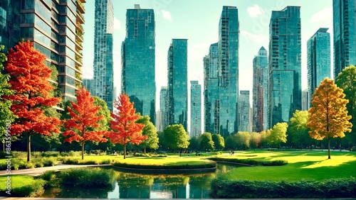 A city park surrounded by high-rise buildings, showcasing the blend of nature and urban development. 1 photo
