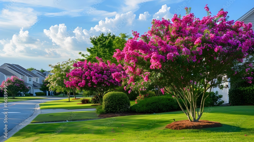 Fototapeta premium lush blooming crape myrtle trees on green lawn in a neat neighborhood