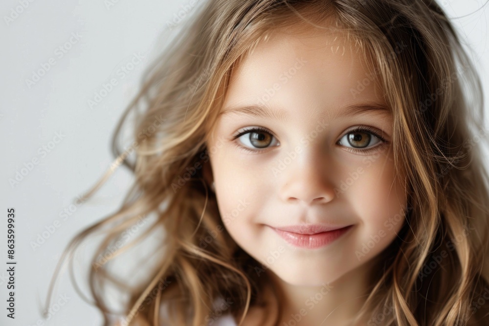 Cute Little Girl. Closeup Portrait of Happy Young Girl with Long Hair in Isolated White Background Cute Little Girl. Closeup Portrait of Happy Young Girl with Long Hair in Isolated White Background