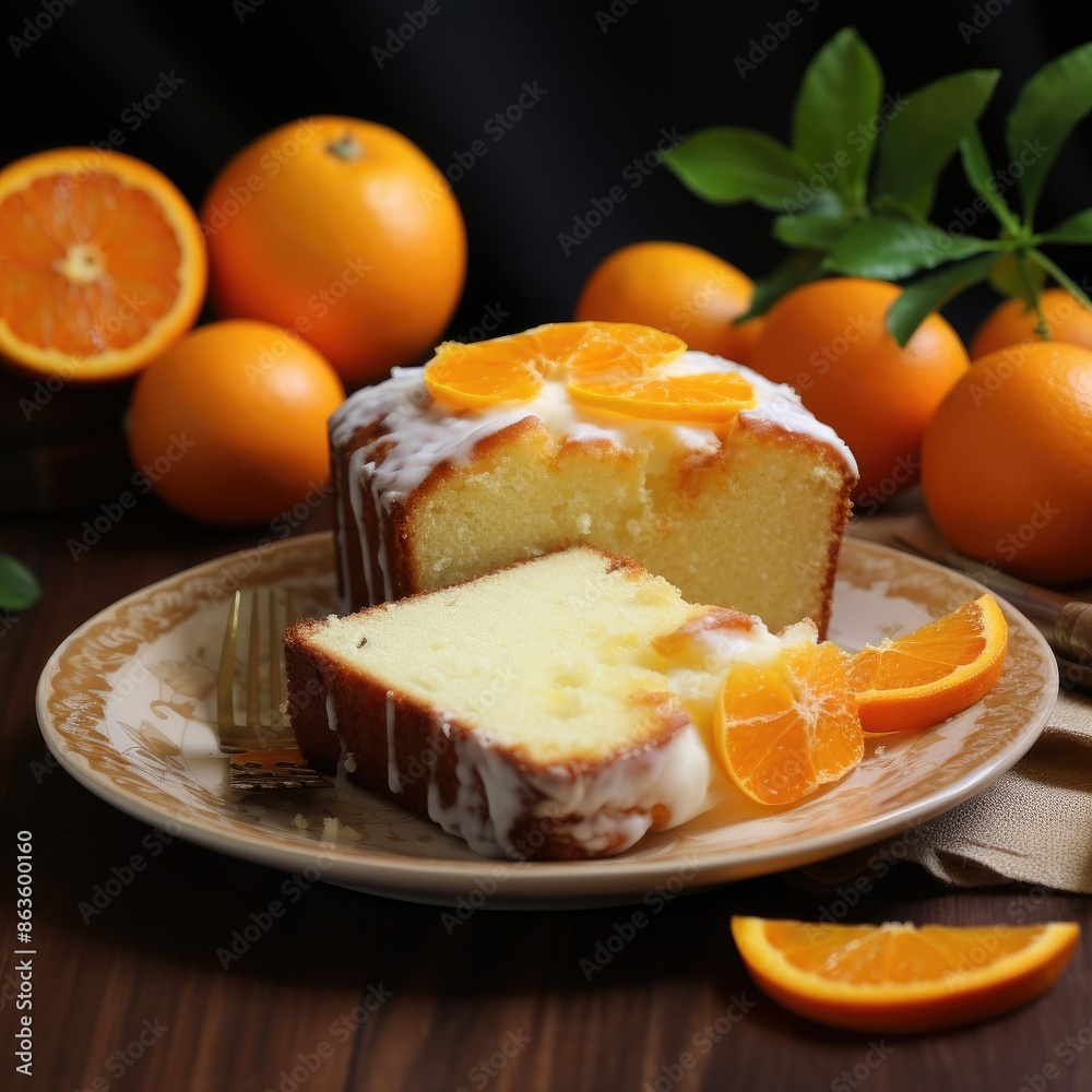 Delicious Orange Yogurt Cake Slice on White Plate With Whole Oranges in Background Delicious Orange Yogurt Cake Slice on White Plate With Whole Oranges in Background