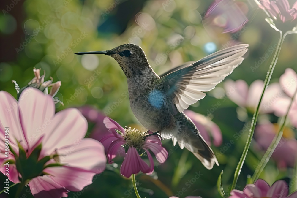 Naklejka premium Hummingbird visiting flowers, nature and wildlife