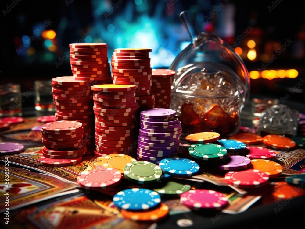 High Stakes Thrills: Energetic Casino Table Scene with Stacked Chips and Dealt Cards High Stakes Thrills: Energetic Casino Table Scene with Stacked Chips and Dealt Cards