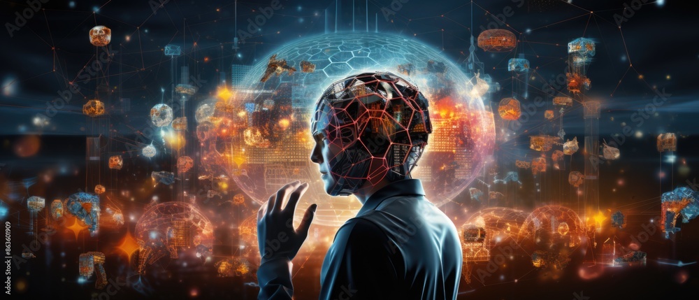 Fototapeta premium Cybernetic Cognition: Human Brain in Virtual Reality Fusion