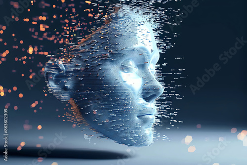 Abstract 3D human face disintegrating into particles with glowing elements on a dark background, representing technology and transformation.