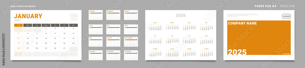 Obraz premium Set of 2025 Pages Monthly Calendar Planner Templates, Cover with Place for Photo, Company Logo, annual. Design of Vector Calendar Pages size Letter -8.5x11 in ready on print. Week start on Sunday