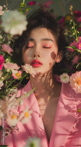 Woman in Pink Blazer Surrounded by Blooming Flowers , Body Skincare Glamour Photoshoot 