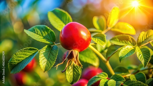 Close-up of vibrant Briar Rose Rosehip (Hagebutte) Rosa canina on a sunny day, botanical, plant, nature, pink, red, flower photo