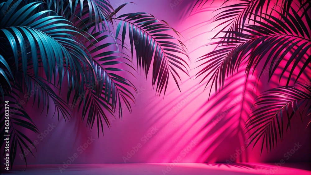 Blurred Palm Leaf Shadow on Pink Wall with 80s Neon Background Blurred Palm Leaf Shadow on Pink Wall with 80s Neon Background