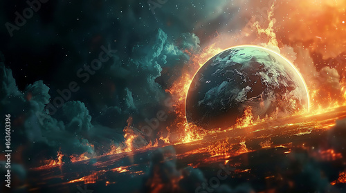 Dramatic depiction of an apocalyptic scene with a burning planet and fiery skies, representing chaos and destruction in a sci-fi setting. photo