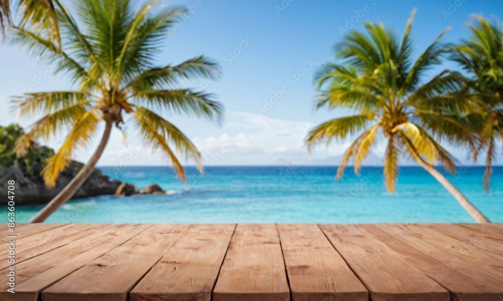 table wood for product visualization in the tropical beach