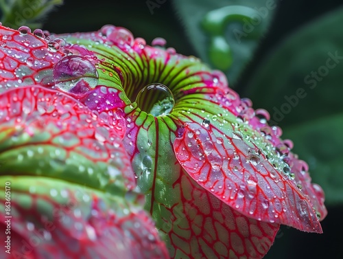 A single raindrop rests on the edge of a petunia petal, reflecting the vibrant pink and green colors in its tiny surface photo