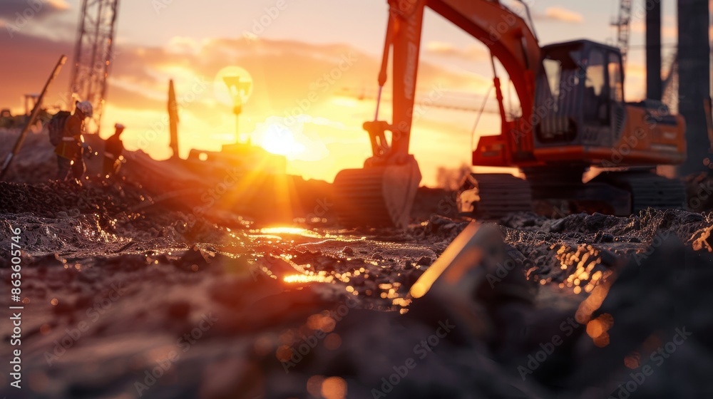 Golden Hour Grit Workers in Motion at Construction Site Golden Hour Grit Workers in Motion at Construction Site