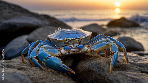 blue swimming crab standing sentinel on a rocky coastal shore. Its body, thorax, and belly are clearly divided