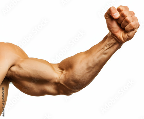 Close up man arm flexing bicep muscle on white background