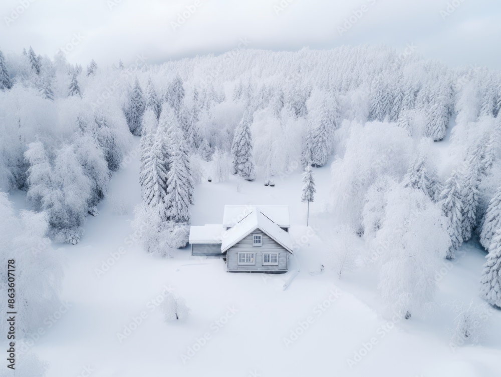 Fototapeta premium White snowy Fields trees and cabins in the cold forest.jpeg