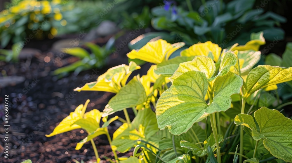 Arrowroot Lemon Lime shines in the sunlight enhancing the beauty of the home garden Arrowroot Lemon Lime shines in the sunlight enhancing the beauty of the home garden