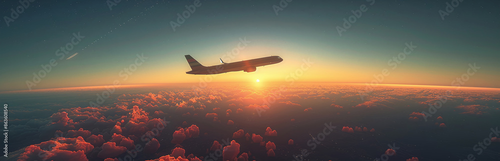 Airplane Flying at Sunset A Journey Above the Clouds Airplane Flying at Sunset A Journey Above the Clouds
