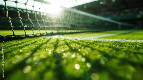 The iconic green Wimbledon net basks in the bright sunlight illuminating Centre Court, with freshly manicured grass glistening in the foreground.