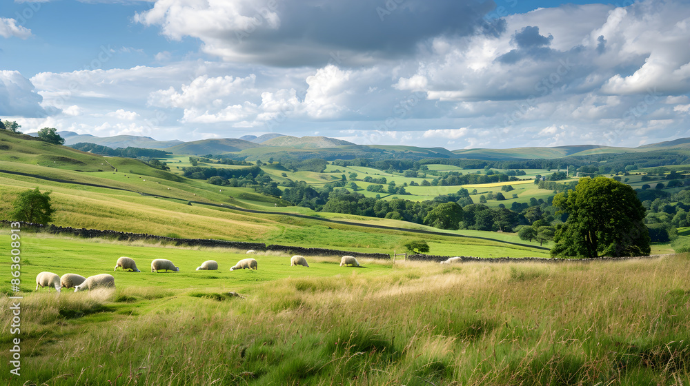 Idyllic green countryside with rolling hills under blue sky, a peaceful and picturesque scene. Idyllic green countryside with rolling hills under blue sky, a peaceful and picturesque scene.
