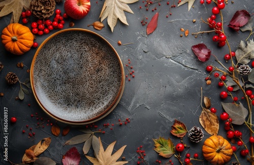 Empty White Plate With Fall Decorations on Black Background