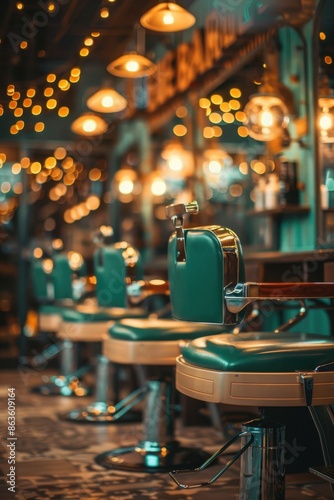 Barbershop interior in a city, with blurred background.