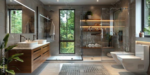 Modern Bathroom with a View of Lush Greenery © Nice Seven