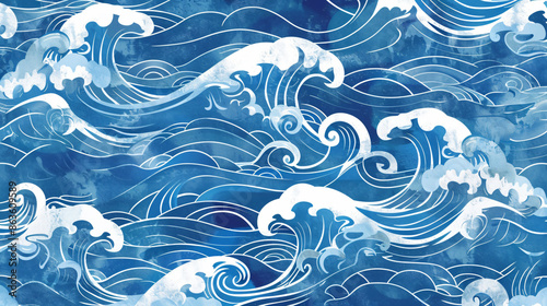 Fototapeta Naklejka Na Ścianę i Meble -  seamless pattern of ocean waves in the style of traditional Japanese art, vector illustration, hand drawn, flat design, blue and white colors, high resolution, highly detailed, high definition