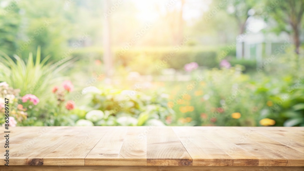 Wood table top (counter bar) on blur of window with beautiful garden in morning background Wood table top (counter bar) on blur of window with beautiful garden in morning background